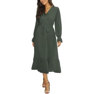 imageBTFBM Womens Casual Party Dresses 2024 Spring Summer Long Sleeve Wrap V Neck Swiss Dot Swing ALine Maxi Dress with BeltSwiss Dot Army Green