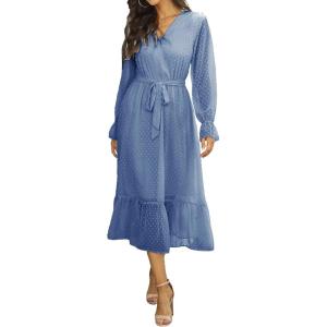 imageBTFBM Womens Casual Party Dresses 2024 Spring Summer Long Sleeve Wrap V Neck Swiss Dot Swing ALine Maxi Dress with BeltSwiss Dot Grey Blue