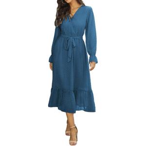 imageBTFBM Womens Casual Party Dresses 2024 Spring Summer Long Sleeve Wrap V Neck Swiss Dot Swing ALine Maxi Dress with BeltSwiss Dot Lake Blue
