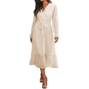 imageBTFBM Womens Casual Party Dresses 2024 Spring Summer Long Sleeve Wrap V Neck Swiss Dot Swing ALine Maxi Dress with BeltSwiss Dot Light Apricot