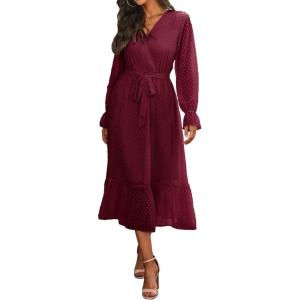 imageBTFBM Womens Casual Party Dresses 2024 Spring Summer Long Sleeve Wrap V Neck Swiss Dot Swing ALine Maxi Dress with BeltSwiss Dot Wine Red