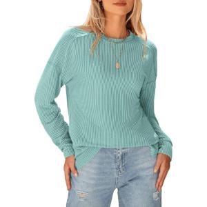 imageBTFBM Womens Casual Pullover Tops Dressy Fall Clothes Crew Neck Long Sleeve Side Slit Loose Drop Shoulder Knit BlouseBean Green
