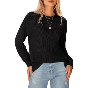 imageBTFBM Womens Casual Pullover Tops Dressy Fall Clothes Crew Neck Long Sleeve Side Slit Loose Drop Shoulder Knit BlouseBlack