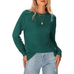 imageBTFBM Womens Casual Pullover Tops Dressy Fall Clothes Crew Neck Long Sleeve Side Slit Loose Drop Shoulder Knit BlouseDark Green