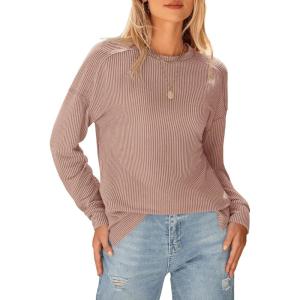 imageBTFBM Womens Casual Pullover Tops Dressy Fall Clothes Crew Neck Long Sleeve Side Slit Loose Drop Shoulder Knit BlouseLight Khaki