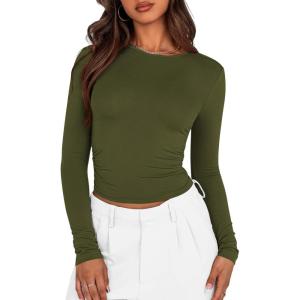 imageBTFBM Womens Long Sleeve Shirts 2024 Summer Fall Ruched Crew Neck Activewear Y2K Tight Slim Fit Casual Basic Crop TopsSolid Army Green