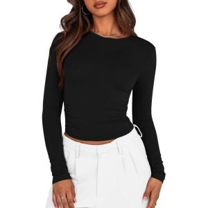 imageBTFBM Womens Long Sleeve Shirts 2024 Summer Fall Ruched Crew Neck Activewear Y2K Tight Slim Fit Casual Basic Crop TopsSolid Black