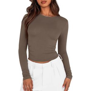 imageBTFBM Womens Long Sleeve Shirts 2024 Summer Fall Ruched Crew Neck Activewear Y2K Tight Slim Fit Casual Basic Crop TopsSolid Coffee