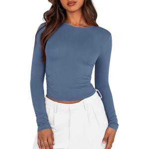 imageBTFBM Womens Long Sleeve Shirts 2024 Summer Fall Ruched Crew Neck Activewear Y2K Tight Slim Fit Casual Basic Crop TopsSolid Grey Blue