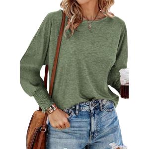 imageBTFBM Womens Long Sleeve Tops Fall Outfits 2024 Dressy Casual Crew Neck Tee Shirts Smocked Loose Top Tunic BlouseSolid Army Green