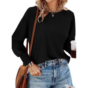 imageBTFBM Womens Long Sleeve Tops Fall Outfits 2024 Dressy Casual Crew Neck Tee Shirts Smocked Loose Top Tunic BlouseSolid Black
