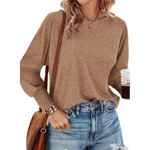 imageBTFBM Womens Long Sleeve Tops Fall Outfits 2024 Dressy Casual Crew Neck Tee Shirts Smocked Loose Top Tunic BlouseSolid Khaki