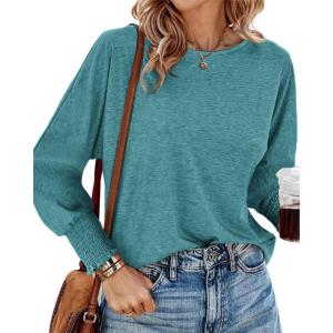 imageBTFBM Womens Long Sleeve Tops Fall Outfits 2024 Dressy Casual Crew Neck Tee Shirts Smocked Loose Top Tunic BlouseSolid Lake Blue