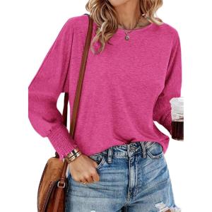 imageBTFBM Womens Long Sleeve Tops Fall Outfits 2024 Dressy Casual Crew Neck Tee Shirts Smocked Loose Top Tunic BlouseSolid Rose Red