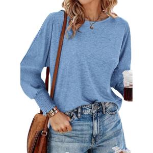 imageBTFBM Womens Long Sleeve Tops Fall Outfits 2024 Dressy Casual Crew Neck Tee Shirts Smocked Loose Top Tunic BlouseSolid Sky Blue