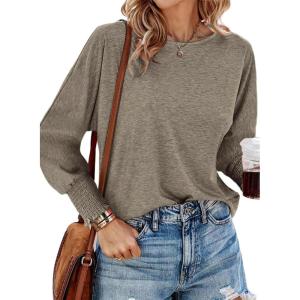 imageBTFBM Womens Long Sleeve Tops Fall Outfits 2024 Dressy Casual Crew Neck Tee Shirts Smocked Loose Top Tunic BlouseSolid Taupe