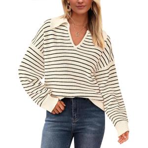 imageBTFBM Womens Striped Long Sleeve Sweater V Neck Lapel Collar 2024 Fall Winter Fashion Ribbed Knit Loose Pullover TopsStriped Apricot