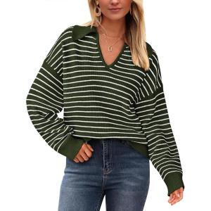 imageBTFBM Womens Striped Long Sleeve Sweater V Neck Lapel Collar 2024 Fall Winter Fashion Ribbed Knit Loose Pullover TopsStriped Army Green