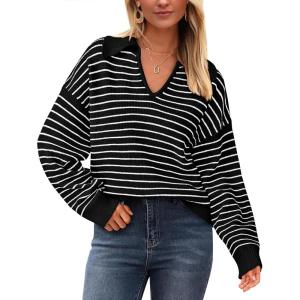 imageBTFBM Womens Striped Long Sleeve Sweater V Neck Lapel Collar 2024 Fall Winter Fashion Ribbed Knit Loose Pullover TopsStriped Black White