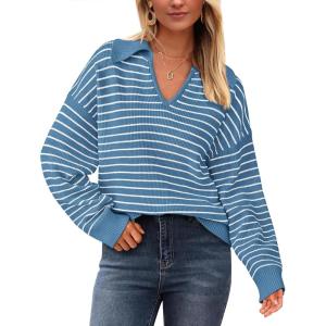 imageBTFBM Womens Striped Long Sleeve Sweater V Neck Lapel Collar 2024 Fall Winter Fashion Ribbed Knit Loose Pullover TopsStriped Blue White