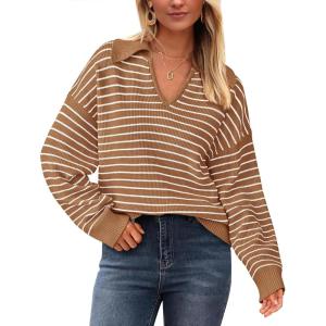 imageBTFBM Womens Striped Long Sleeve Sweater V Neck Lapel Collar 2024 Fall Winter Fashion Ribbed Knit Loose Pullover TopsStriped Khaki