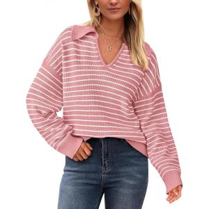 imageBTFBM Womens Striped Long Sleeve Sweater V Neck Lapel Collar 2024 Fall Winter Fashion Ribbed Knit Loose Pullover TopsStriped Pink