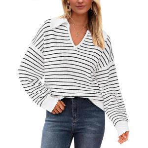 imageBTFBM Womens Striped Long Sleeve Sweater V Neck Lapel Collar 2024 Fall Winter Fashion Ribbed Knit Loose Pullover TopsStriped White Black