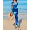 imageBTFBM Off Shoulder Bodycon Dresses for Women 2025 Summer Ruched Split Mesh Cocktail Party Club Floral Maxi DressFloral Dark Blue