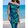 imageBTFBM Off Shoulder Bodycon Dresses for Women 2025 Summer Ruched Split Mesh Cocktail Party Club Floral Maxi DressFloral Green