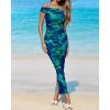 imageBTFBM Off Shoulder Bodycon Dresses for Women 2025 Summer Ruched Split Mesh Cocktail Party Club Floral Maxi DressFloral Green