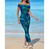 imageBTFBM Off Shoulder Bodycon Dresses for Women 2025 Summer Ruched Split Mesh Cocktail Party Club Floral Maxi DressFloral Green