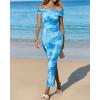 imageBTFBM Off Shoulder Bodycon Dresses for Women 2025 Summer Ruched Split Mesh Cocktail Party Club Floral Maxi DressFloral Light Blue