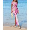imageBTFBM Off Shoulder Bodycon Dresses for Women 2025 Summer Ruched Split Mesh Cocktail Party Club Floral Maxi DressFloral Purple