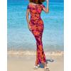 imageBTFBM Off Shoulder Bodycon Dresses for Women 2025 Summer Ruched Split Mesh Cocktail Party Club Floral Maxi DressFloral Purple Orange