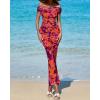 imageBTFBM Off Shoulder Bodycon Dresses for Women 2025 Summer Ruched Split Mesh Cocktail Party Club Floral Maxi DressFloral Purple Orange