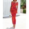 imageBTFBM Off Shoulder Bodycon Dresses for Women 2025 Summer Ruched Split Mesh Cocktail Party Club Floral Maxi DressFloral Rust Red