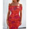 imageBTFBM Off Shoulder Bodycon Dresses for Women 2025 Summer Ruched Split Mesh Cocktail Party Club Floral Maxi DressFloral Rust Red