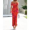 imageBTFBM Off Shoulder Bodycon Dresses for Women 2025 Summer Ruched Split Mesh Cocktail Party Club Floral Maxi DressFloral Rust Red