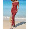 imageBTFBM Off Shoulder Bodycon Dresses for Women 2025 Summer Ruched Split Mesh Cocktail Party Club Floral Maxi DressFloral Wine Red