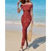 imageBTFBM Off Shoulder Bodycon Dresses for Women 2025 Summer Ruched Split Mesh Cocktail Party Club Floral Maxi DressFloral Wine Red