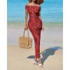 imageBTFBM Off Shoulder Bodycon Dresses for Women 2025 Summer Ruched Split Mesh Cocktail Party Club Floral Maxi DressFloral Wine Red