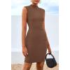 imageBTFBM Women Bodycon Mini Dress Summer 2025 High Neck Sleeveless Ruched Date Night Outfits Club Party Cocktail DressesBrown