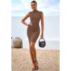 imageBTFBM Women Bodycon Mini Dress Summer 2025 High Neck Sleeveless Ruched Date Night Outfits Club Party Cocktail DressesBrown