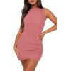 imageBTFBM Women Bodycon Mini Dress Summer 2025 High Neck Sleeveless Ruched Date Night Outfits Club Party Cocktail DressesDark Pink