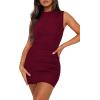 imageBTFBM Women Bodycon Mini Dress Summer 2025 High Neck Sleeveless Ruched Date Night Outfits Club Party Cocktail DressesWine Red