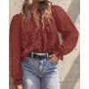 imageBTFBM Women Hollow Out Fall Tops 2025 Lace Eyelet Buttons V Neck Long Sleeve Embroidery Boho Dressy Casual Blouse ShirtsBrick Red