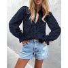 imageBTFBM Women Hollow Out Fall Tops 2025 Lace Eyelet Buttons V Neck Long Sleeve Embroidery Boho Dressy Casual Blouse ShirtsNavy