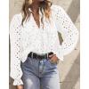 imageBTFBM Women Hollow Out Fall Tops 2025 Lace Eyelet Buttons V Neck Long Sleeve Embroidery Boho Dressy Casual Blouse ShirtsWhite