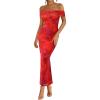 imageBTFBM Off Shoulder Bodycon Dresses for Women 2025 Summer Ruched Split Mesh Cocktail Party Club Floral Maxi DressFloral Rust Red