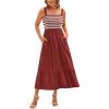 imageBTFBM Summer Midi Dresses for Women 2025 Spring Sleeveless Square Neck Smocked Flowy Long Beach Vacation Sundress PocketRust Red
